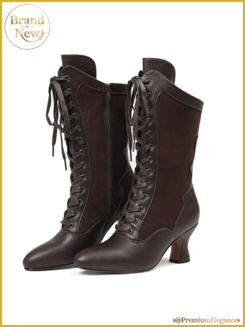 Victorian Lace Up Mid Calf Boots Leather Suede 2.7 Flare Heel Costume